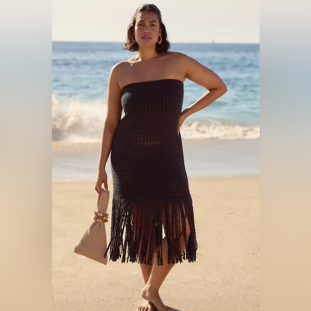 NWT! Celandine Strapless Crochet Fringe-Trim Knit Dress in Raspberry ☀️ - Picture 9 of 15
